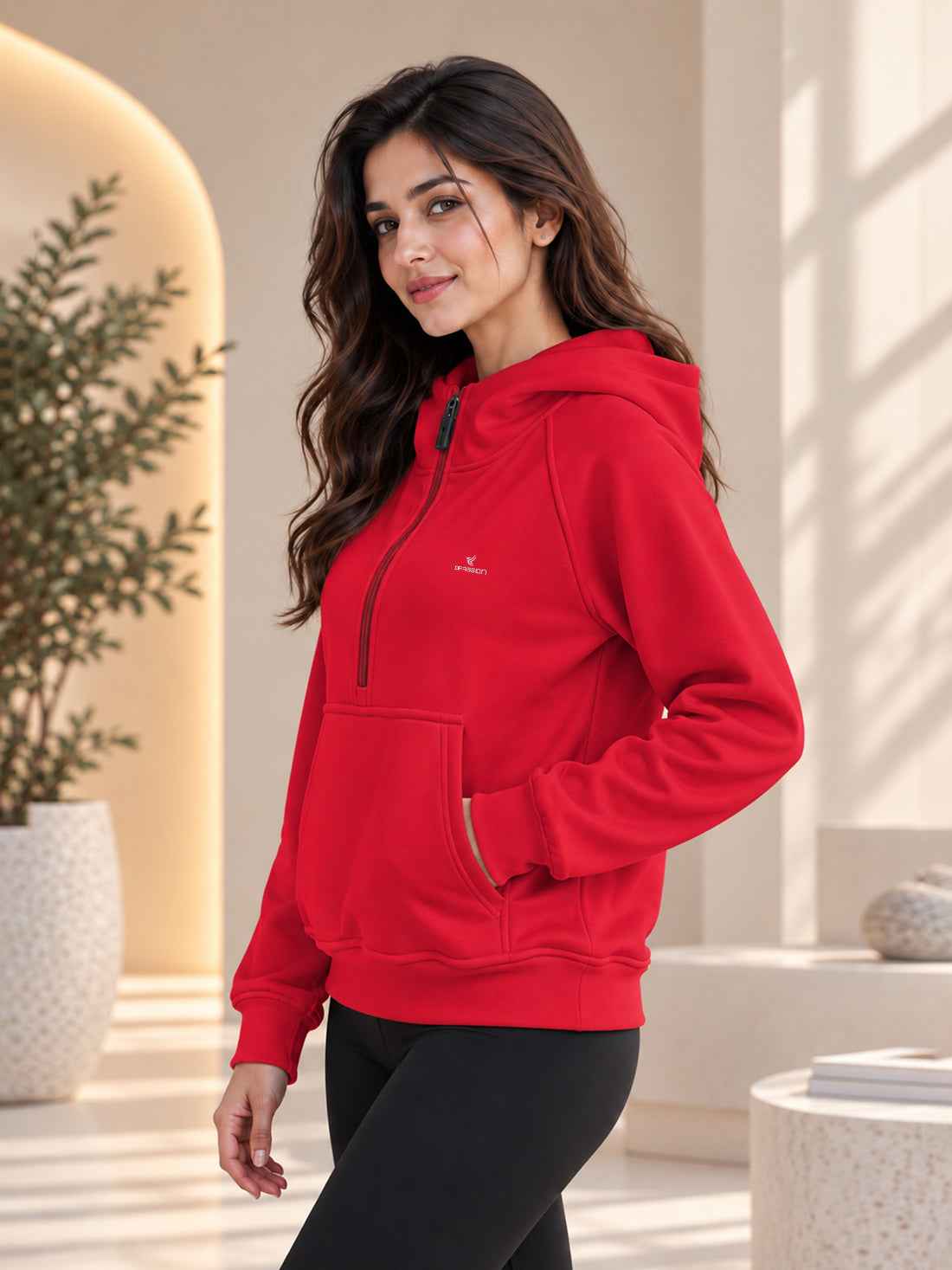 Women’s 320 GSM Cotton Fleece Half-Zip Hooded Sweatshirt – Manufacturer, Wholesaler & Exporter