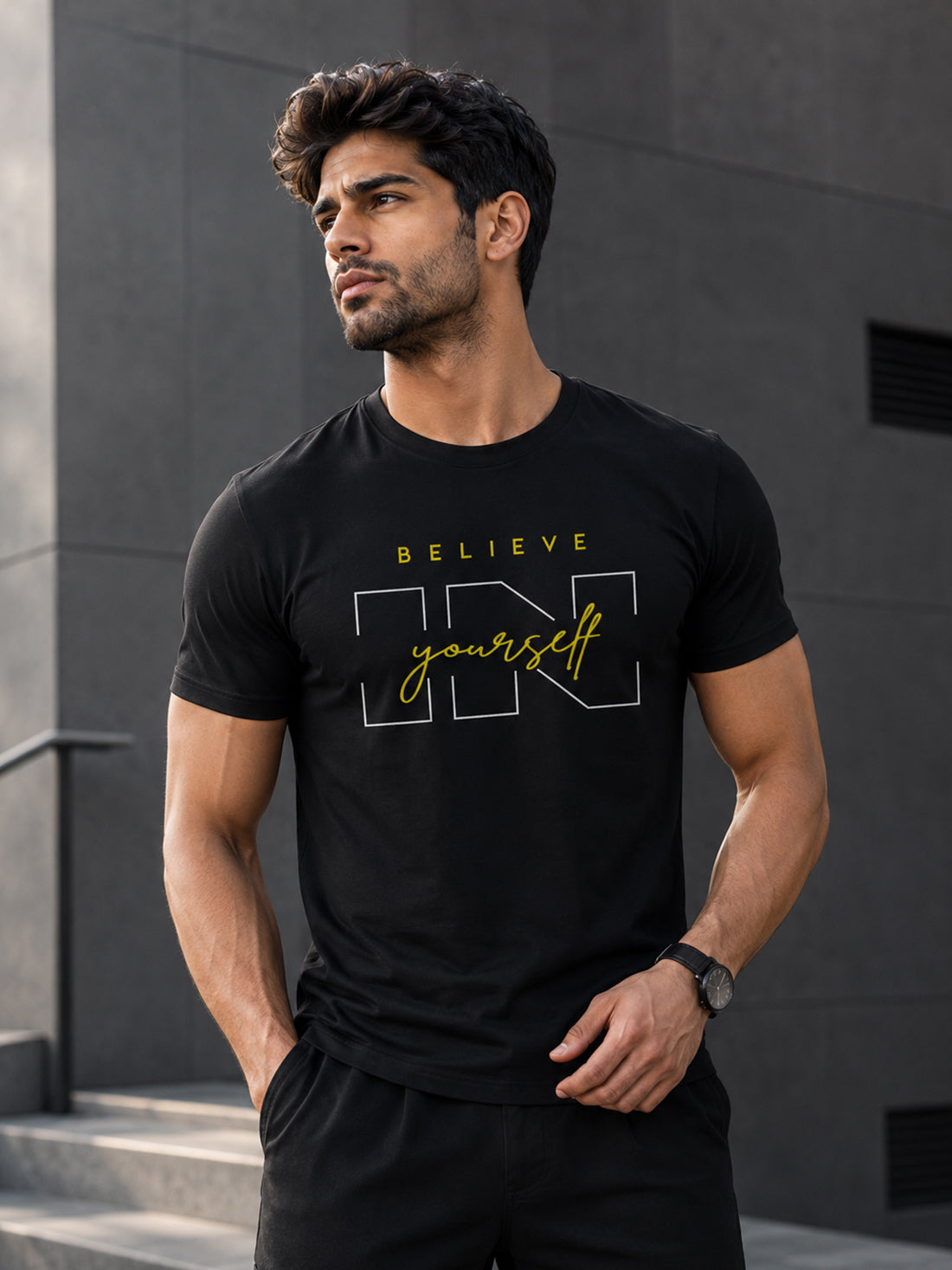 Believe Yourself Men's Black Performance T-Shirt | Quick Dry Sportswear | DPASSION