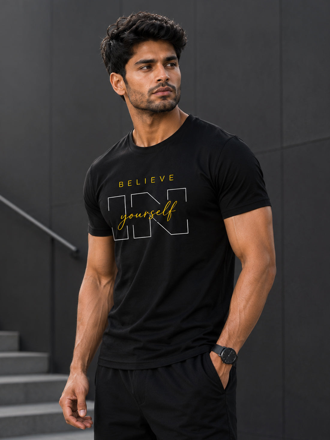 Believe Yourself Men's Black Performance T-Shirt | Quick Dry Sportswear | DPASSION