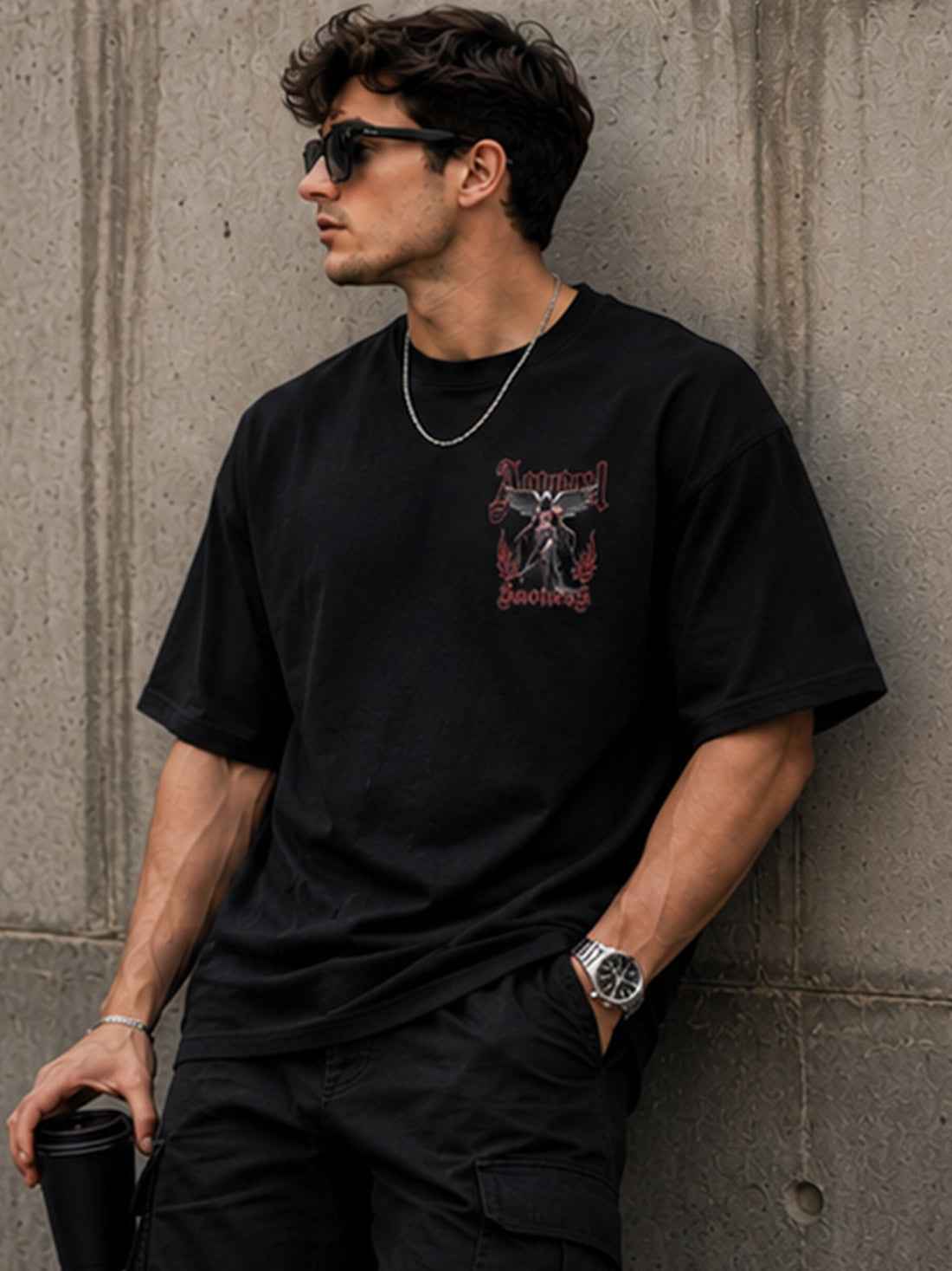 DPASSION Men's Angel Sadness Oversized Graphic Printed T-Shirt | 200 GSM Pure Cotton | Gothic Streetwear Back Print (Copy)