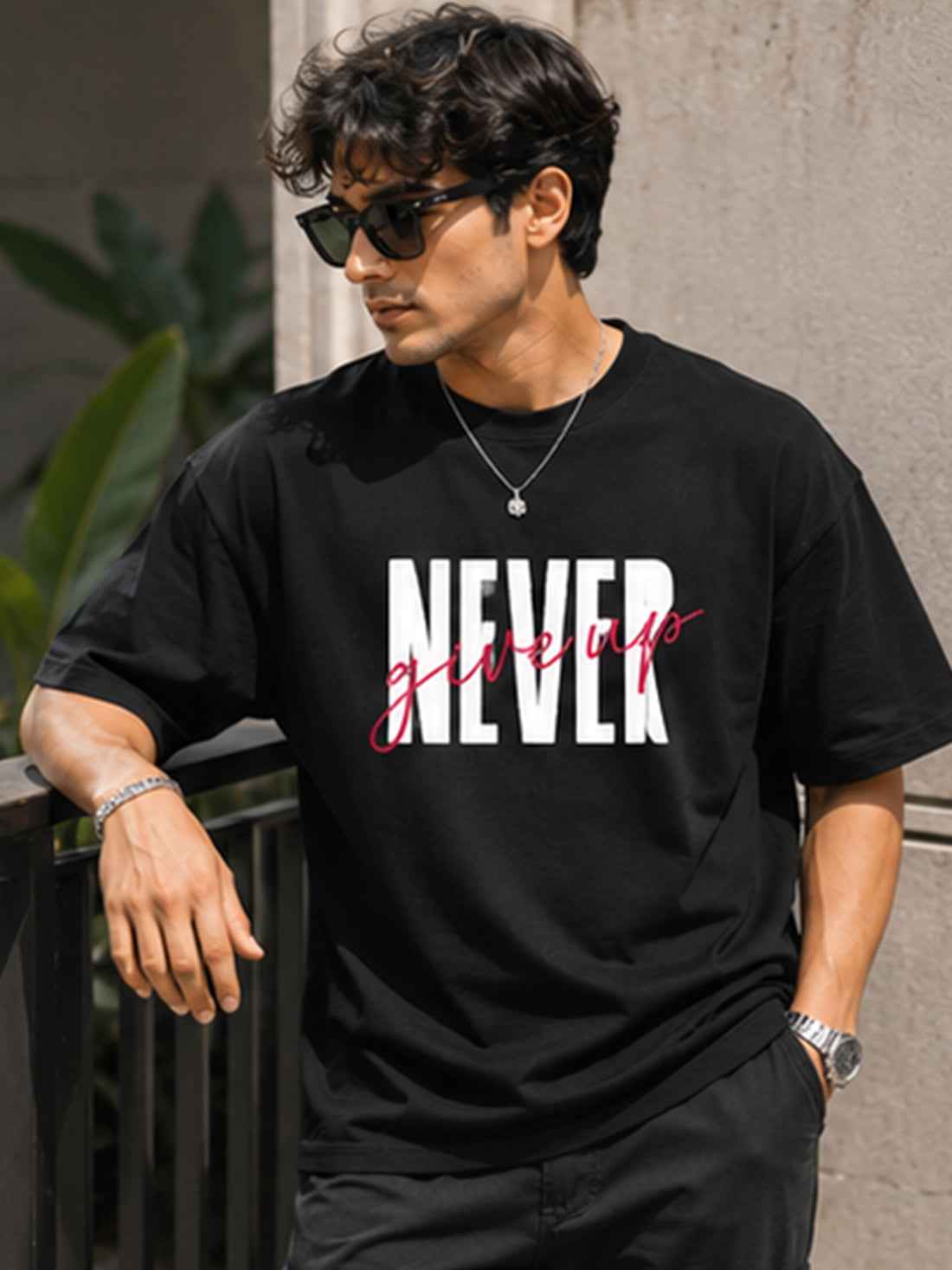 DPASSION Men's Never Give Up Oversized Graphic Printed T-Shirt | 200 GSM Pure Cotton | Motivational Typography Print (Copy)