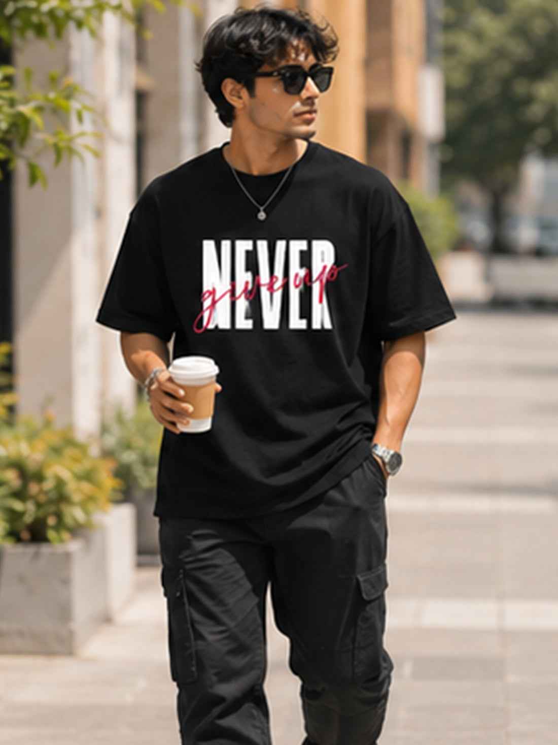 DPASSION Men's Never Give Up Oversized Graphic Printed T-Shirt | 200 GSM Pure Cotton | Motivational Typography Print (Copy)