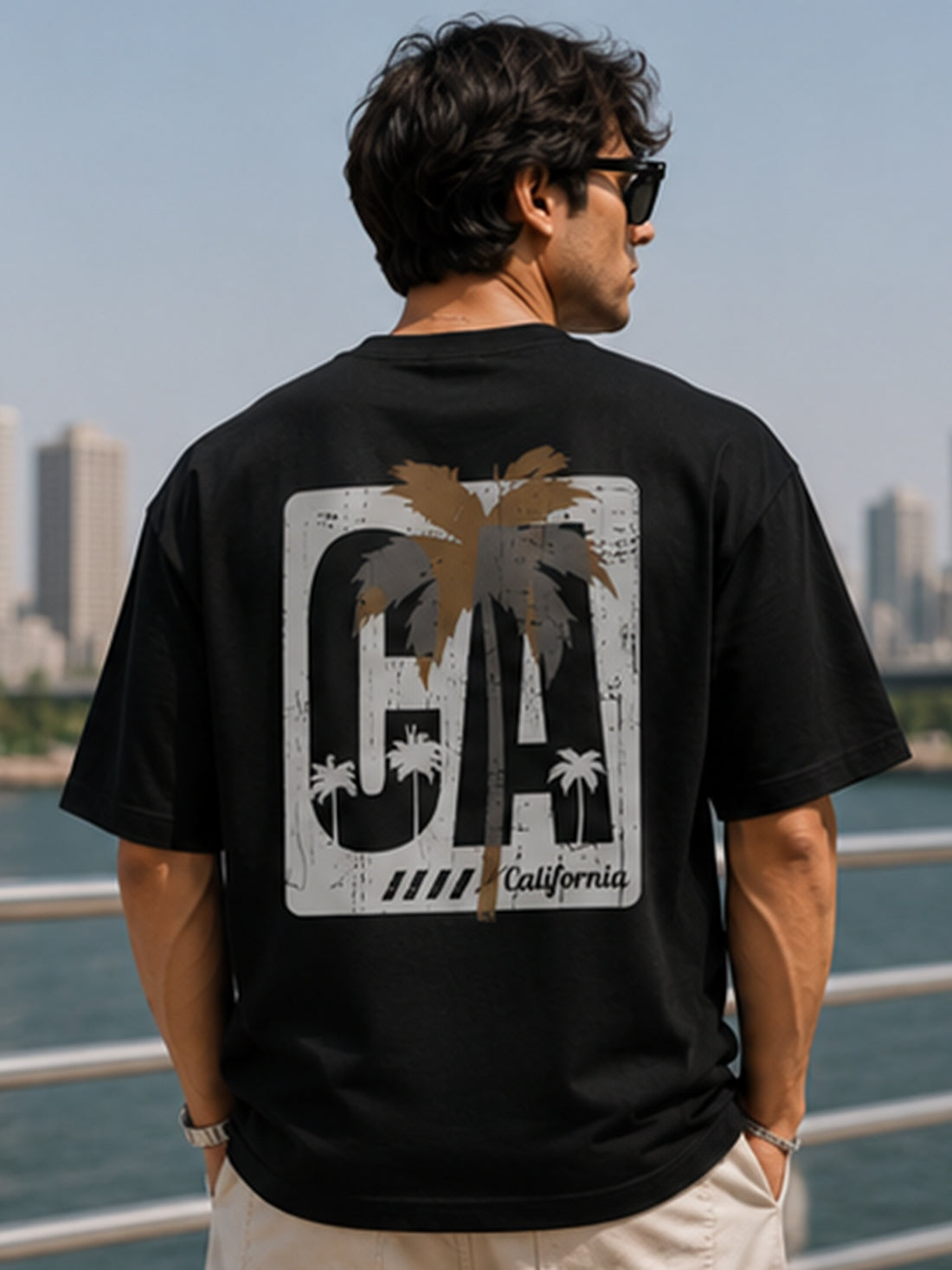 DPASSION California Palm Oversized Graphic T-Shirt for Men | 200 GSM Pure Cotton | Summer Streetwear Back Print Tee