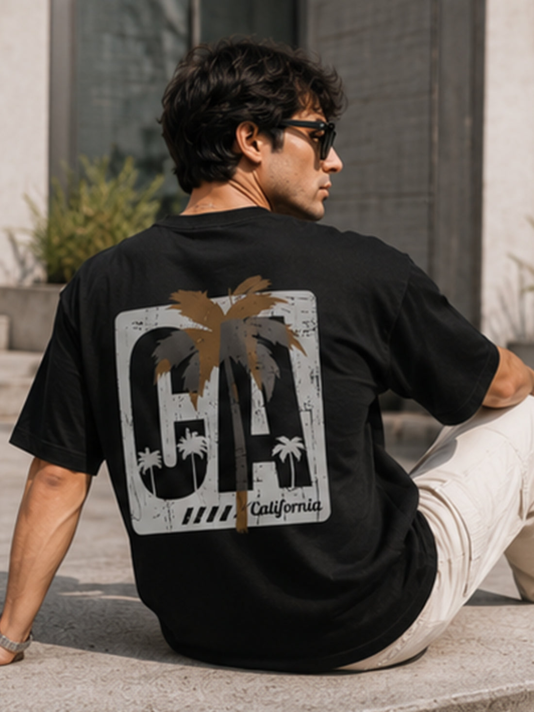 DPASSION California Palm Oversized Graphic T-Shirt for Men | 200 GSM Pure Cotton | Summer Streetwear Back Print Tee