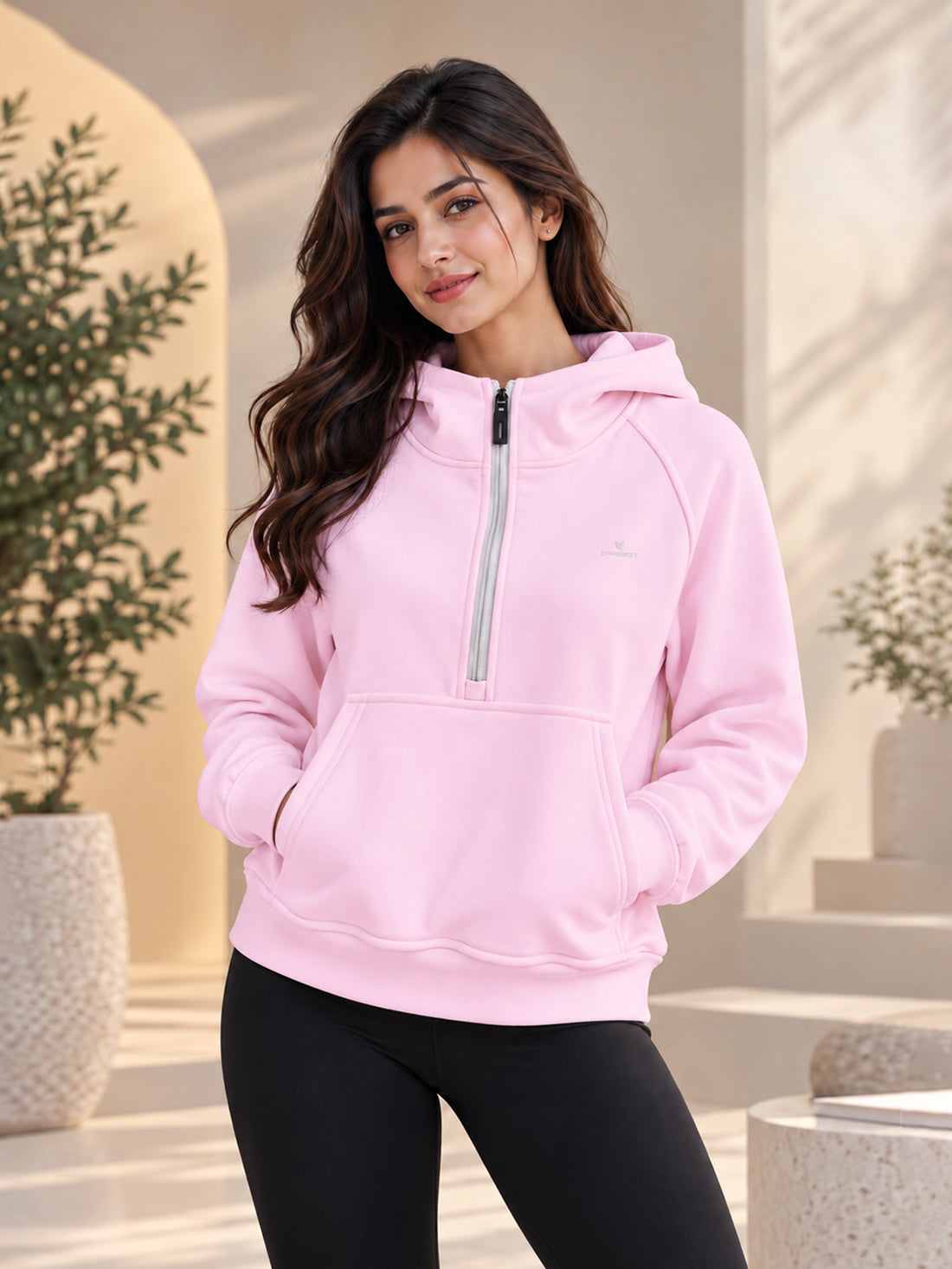 Women’s 320 GSM Cotton Fleece Half-Zip Hooded Sweatshirt – Manufacturer, Wholesaler & Exporter
