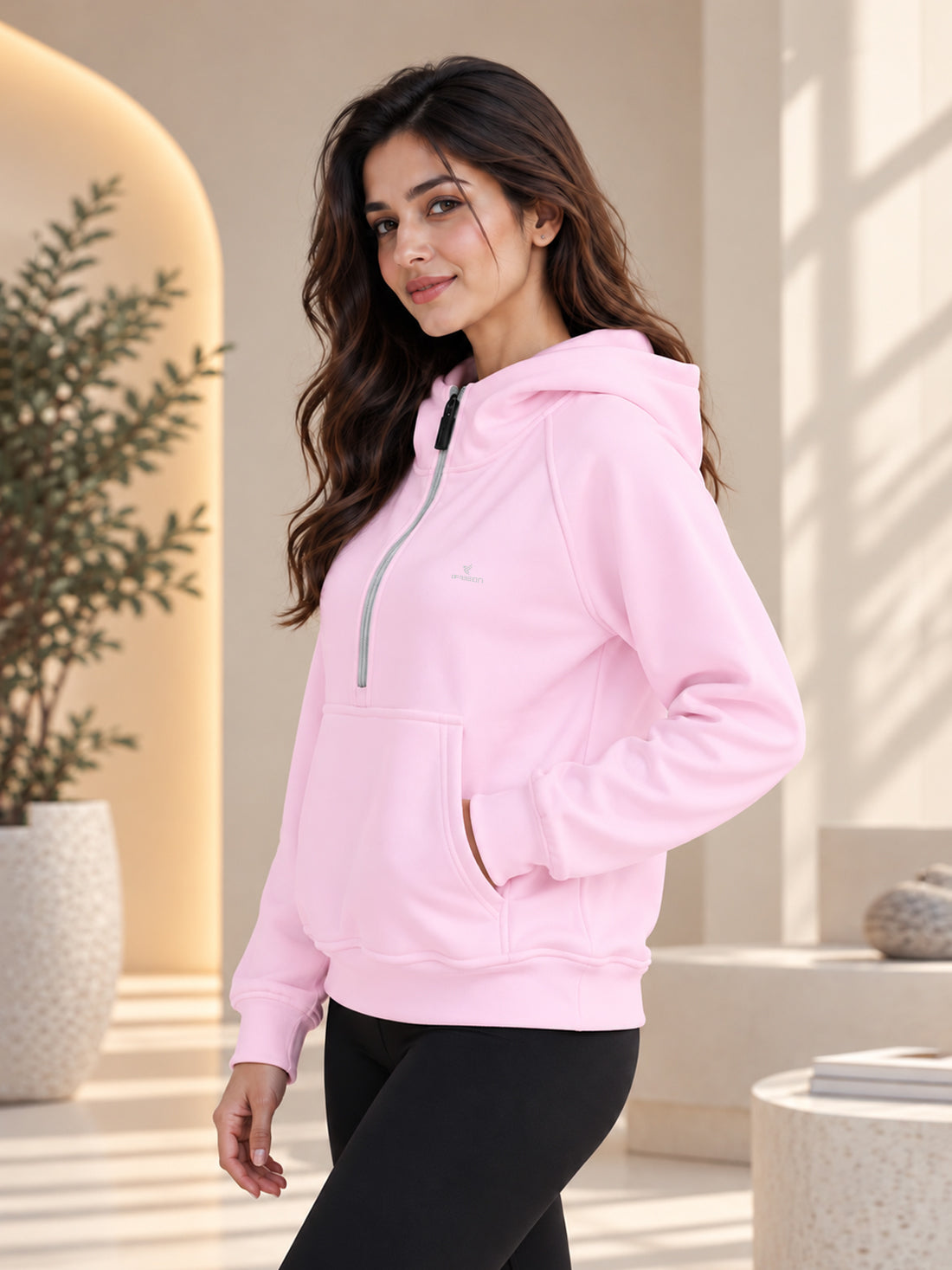Women’s 320 GSM Cotton Fleece Half-Zip Hooded Sweatshirt – Manufacturer, Wholesaler & Exporter