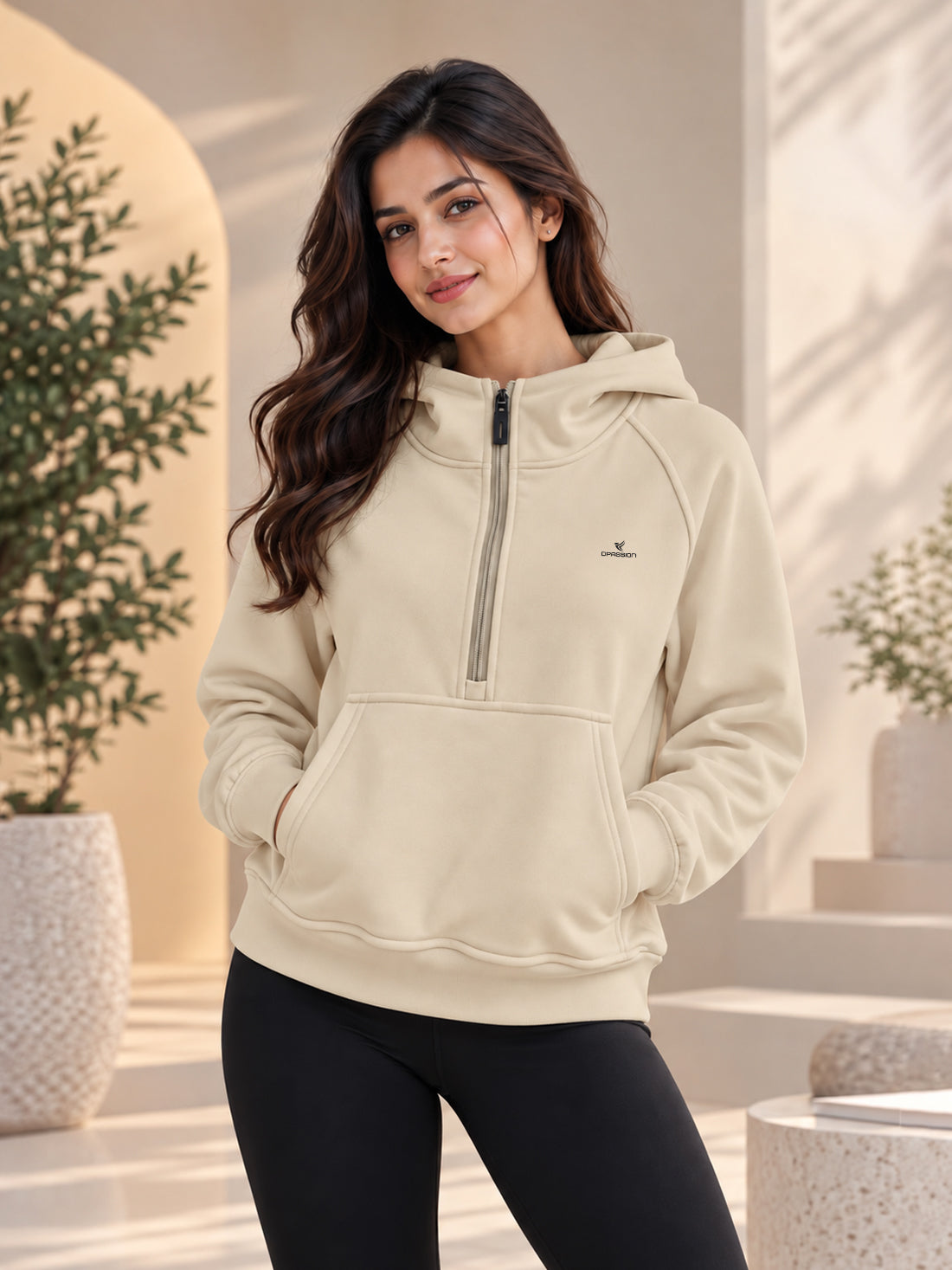 Women’s 320 GSM Cotton Fleece Half-Zip Hooded Sweatshirt – Manufacturer, Wholesaler & Exporter