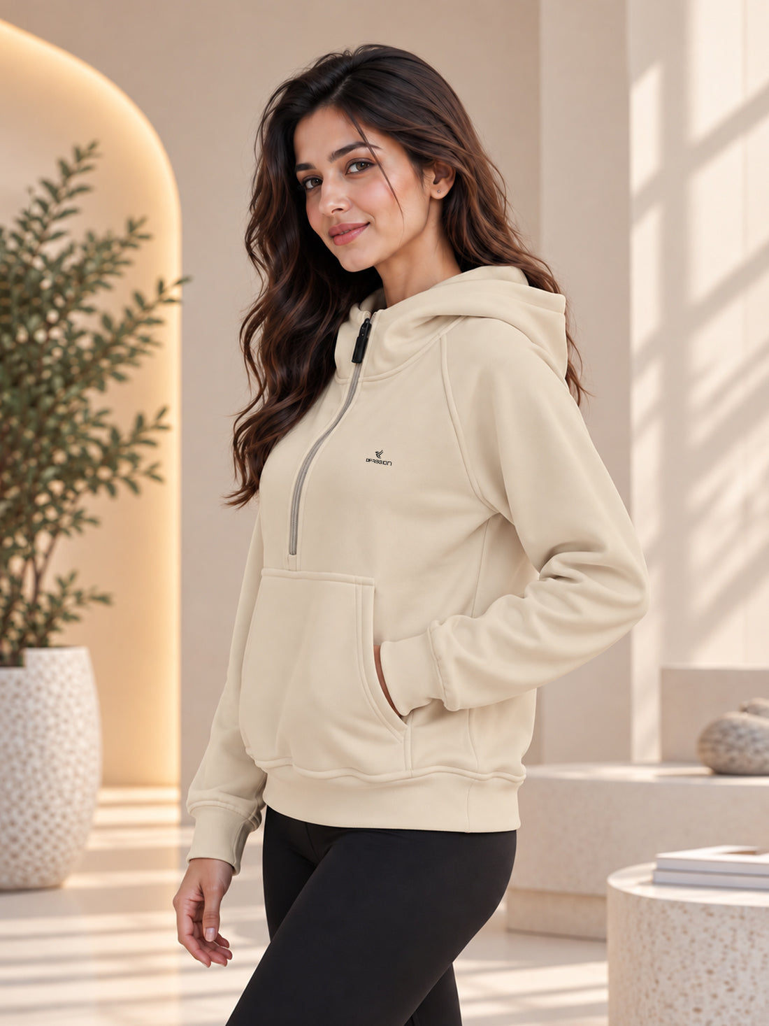 Women’s 320 GSM Cotton Fleece Half-Zip Hooded Sweatshirt – Manufacturer, Wholesaler & Exporter