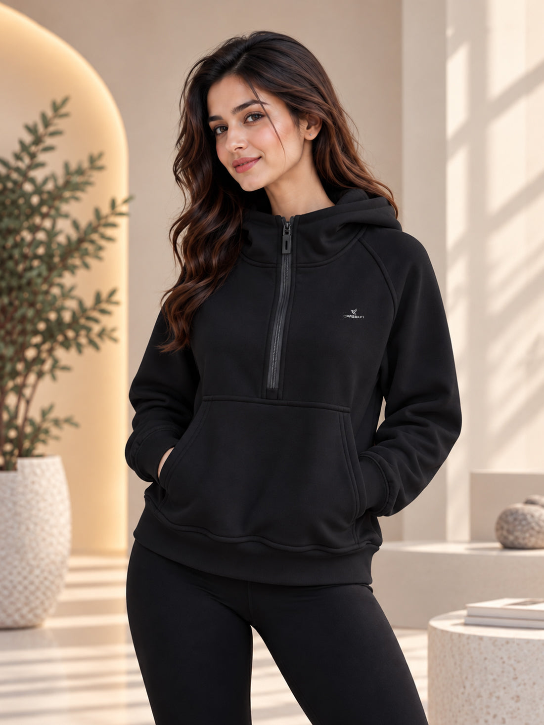 Women’s 320 GSM Cotton Fleece Half-Zip Hooded Sweatshirt – Manufacturer, Wholesaler & Exporter