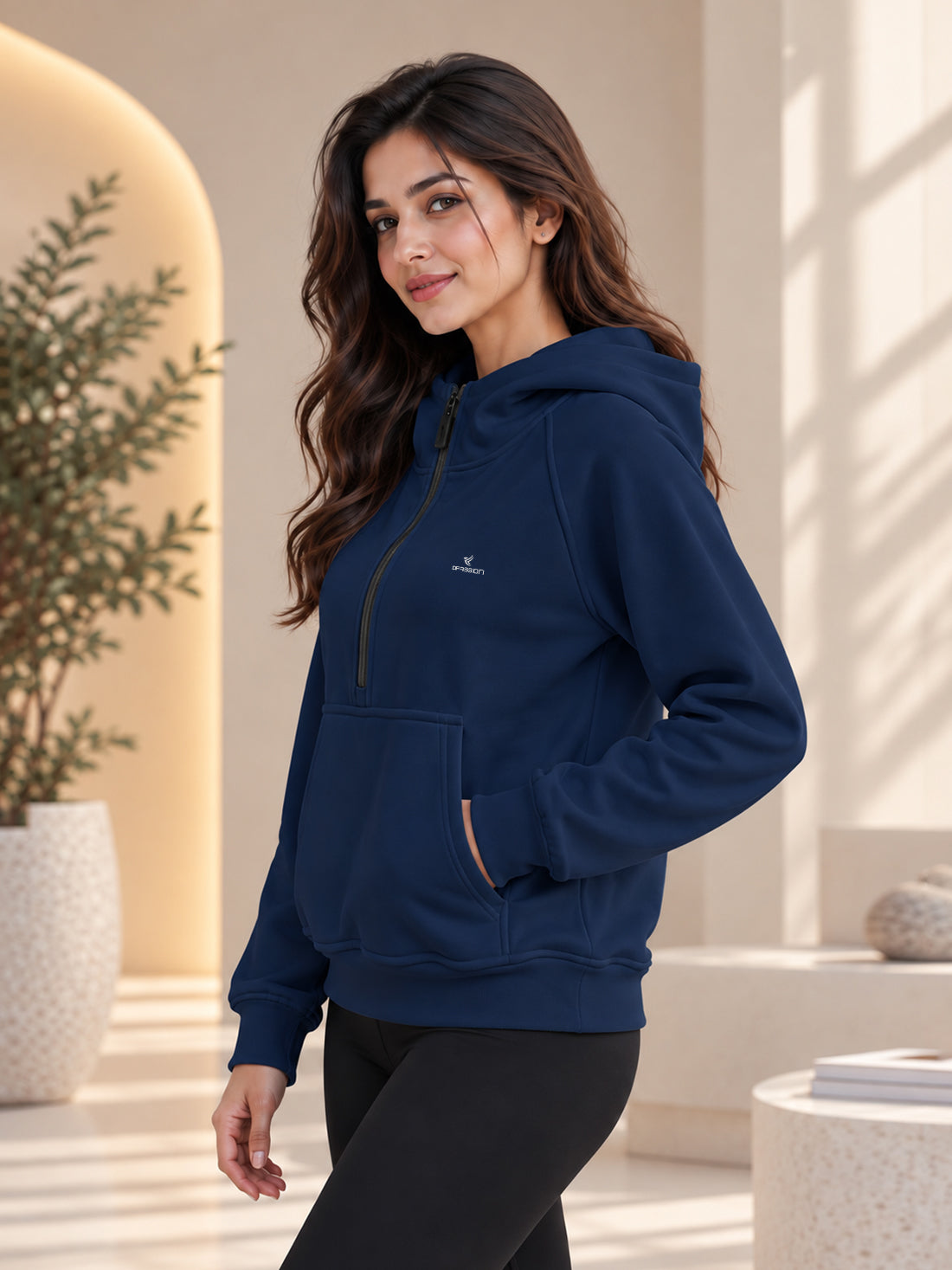 Women’s 320 GSM Cotton Fleece Half-Zip Hooded Sweatshirt – Manufacturer, Wholesaler & Exporter