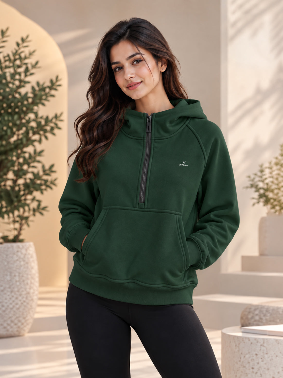 Women’s 320 GSM Cotton Fleece Half-Zip Hooded Sweatshirt – Manufacturer, Wholesaler & Exporter