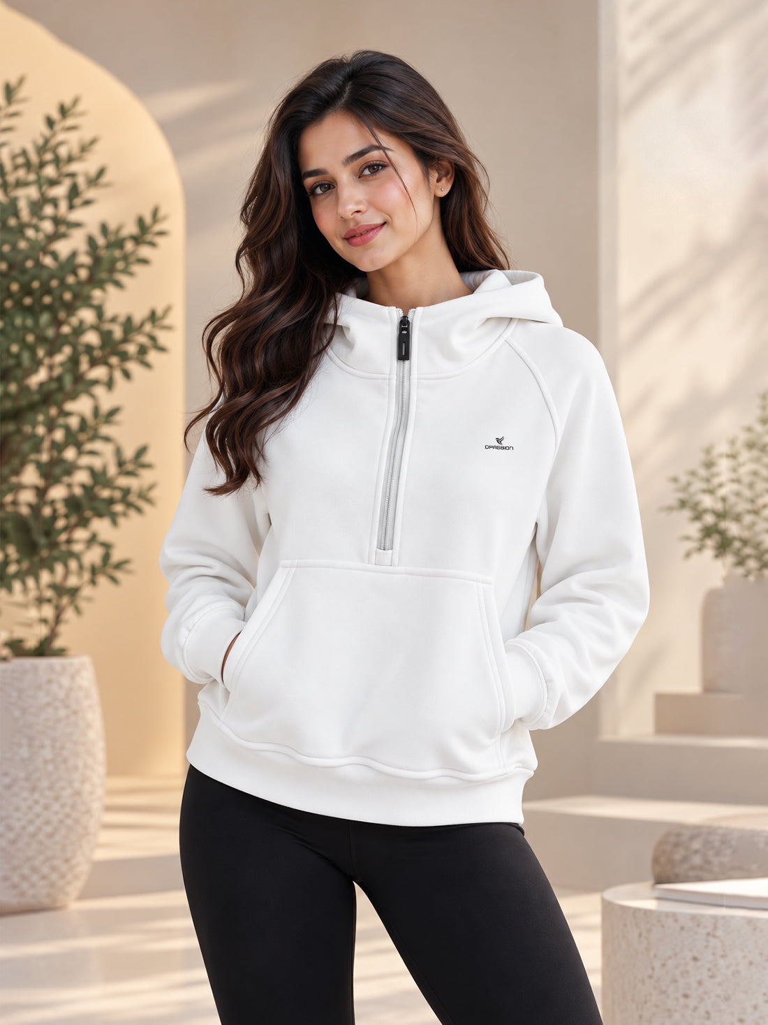 Women’s 320 GSM Cotton Fleece Half-Zip Hooded Sweatshirt – Manufacturer, Wholesaler & Exporter
