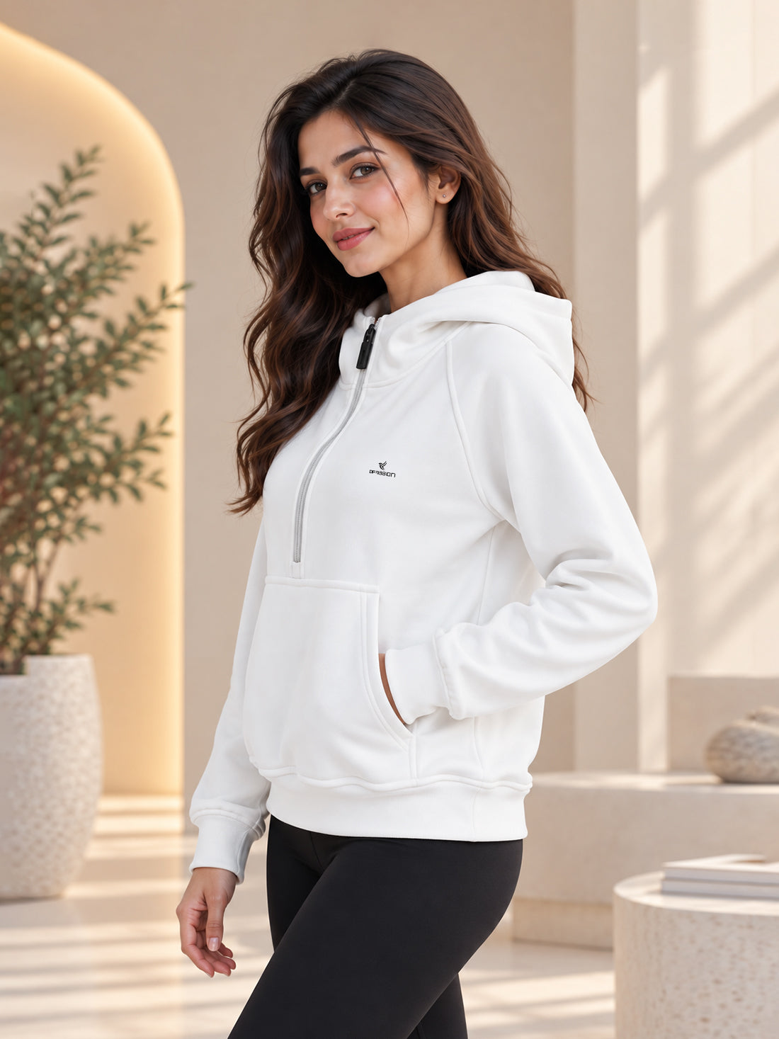 Women’s 320 GSM Cotton Fleece Half-Zip Hooded Sweatshirt – Manufacturer, Wholesaler & Exporter