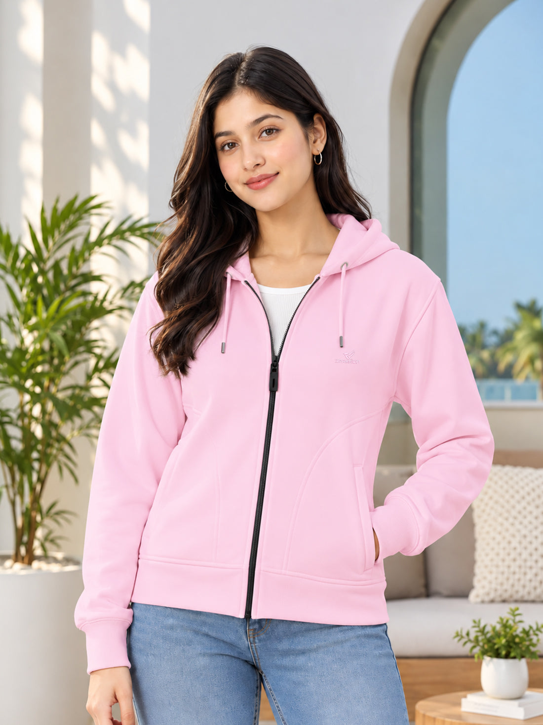 Dpassion Women’s Premium 320 GSM Cotton Fleece Full-Zip Hooded Sweatshirt – Manufacturer, Wholesaler & Exporter