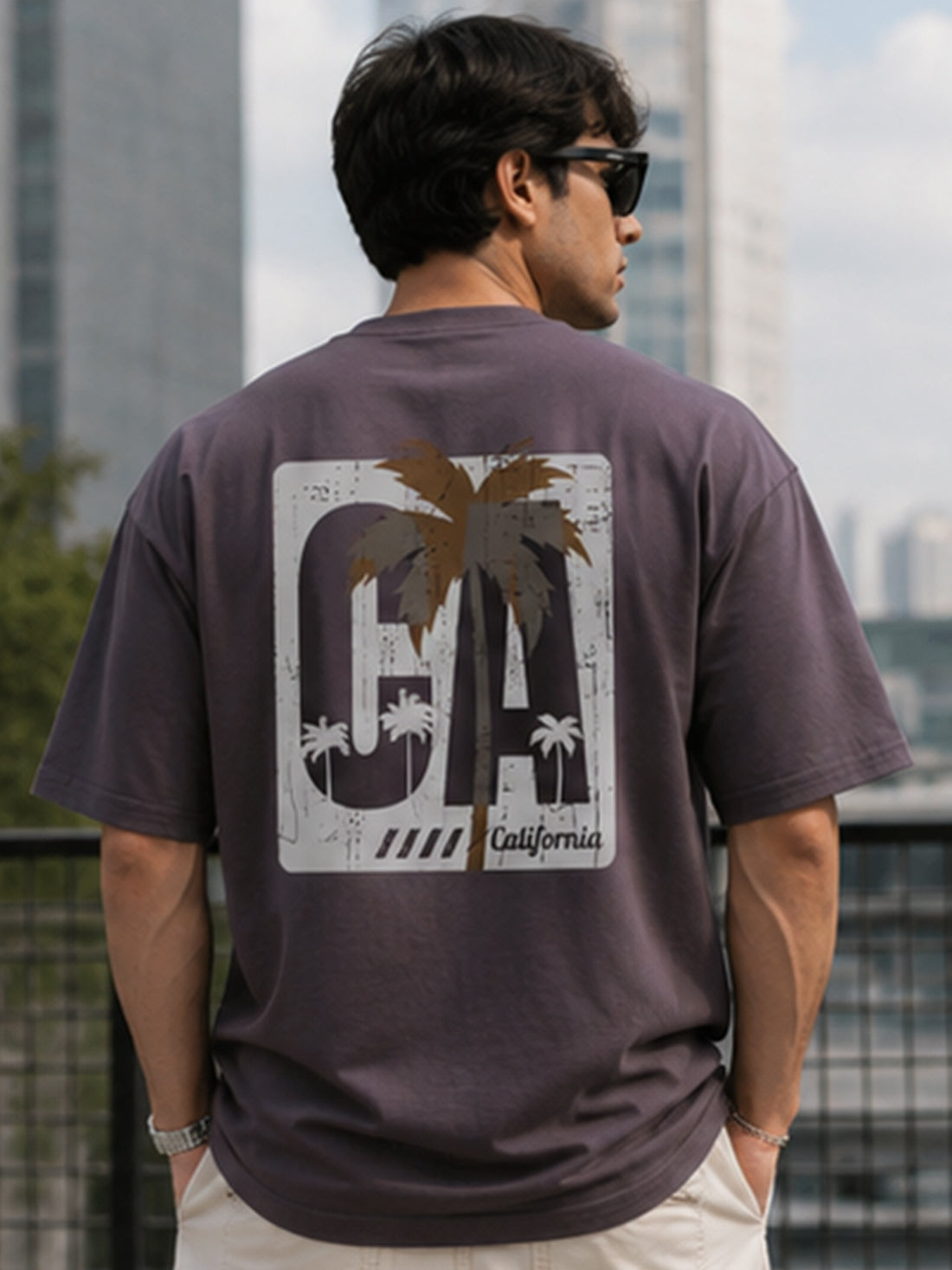 DPASSION California Palm Oversized Graphic T-Shirt for Men | 200 GSM Pure Cotton | Summer Streetwear Back Print Tee