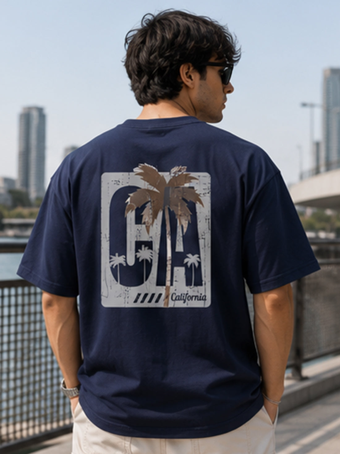 DPASSION California Palm Oversized Graphic T-Shirt for Men | 200 GSM Pure Cotton | Summer Streetwear Back Print Tee