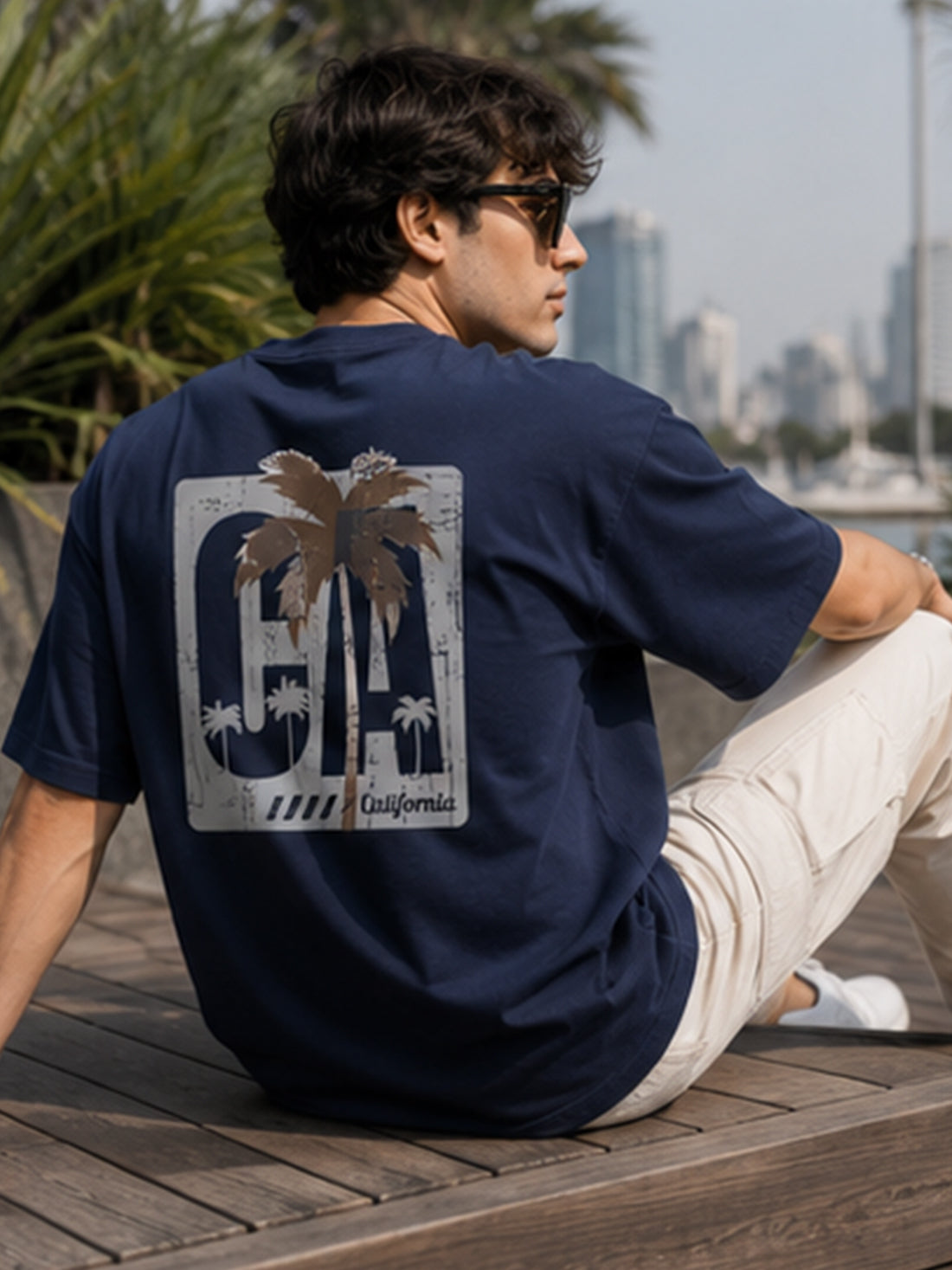 DPASSION California Palm Oversized Graphic T-Shirt for Men | 200 GSM Pure Cotton | Summer Streetwear Back Print Tee