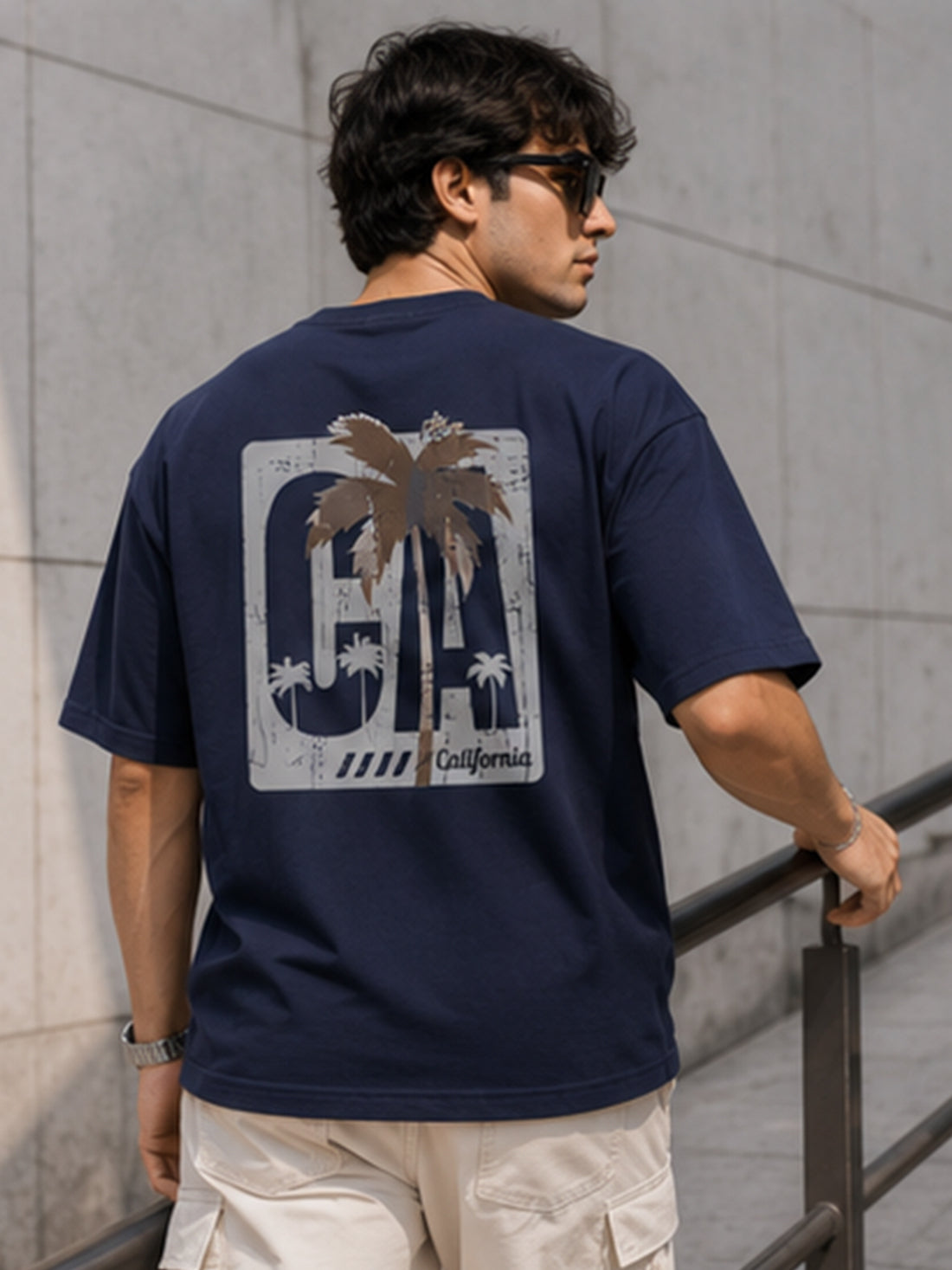 DPASSION California Palm Oversized Graphic T-Shirt for Men | 200 GSM Pure Cotton | Summer Streetwear Back Print Tee