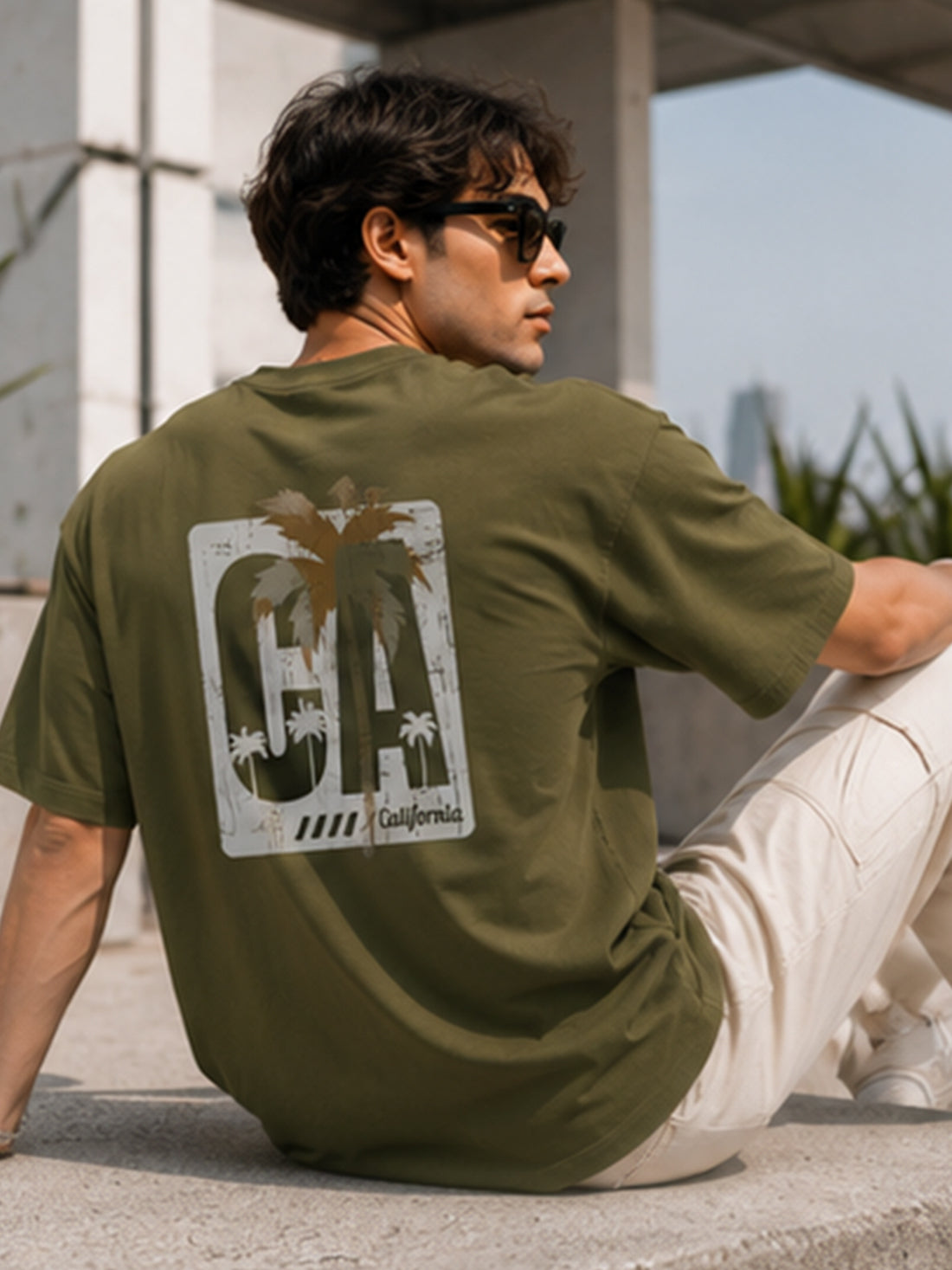 DPASSION California Palm Oversized Graphic T-Shirt for Men | 200 GSM Pure Cotton | Summer Streetwear Back Print Tee