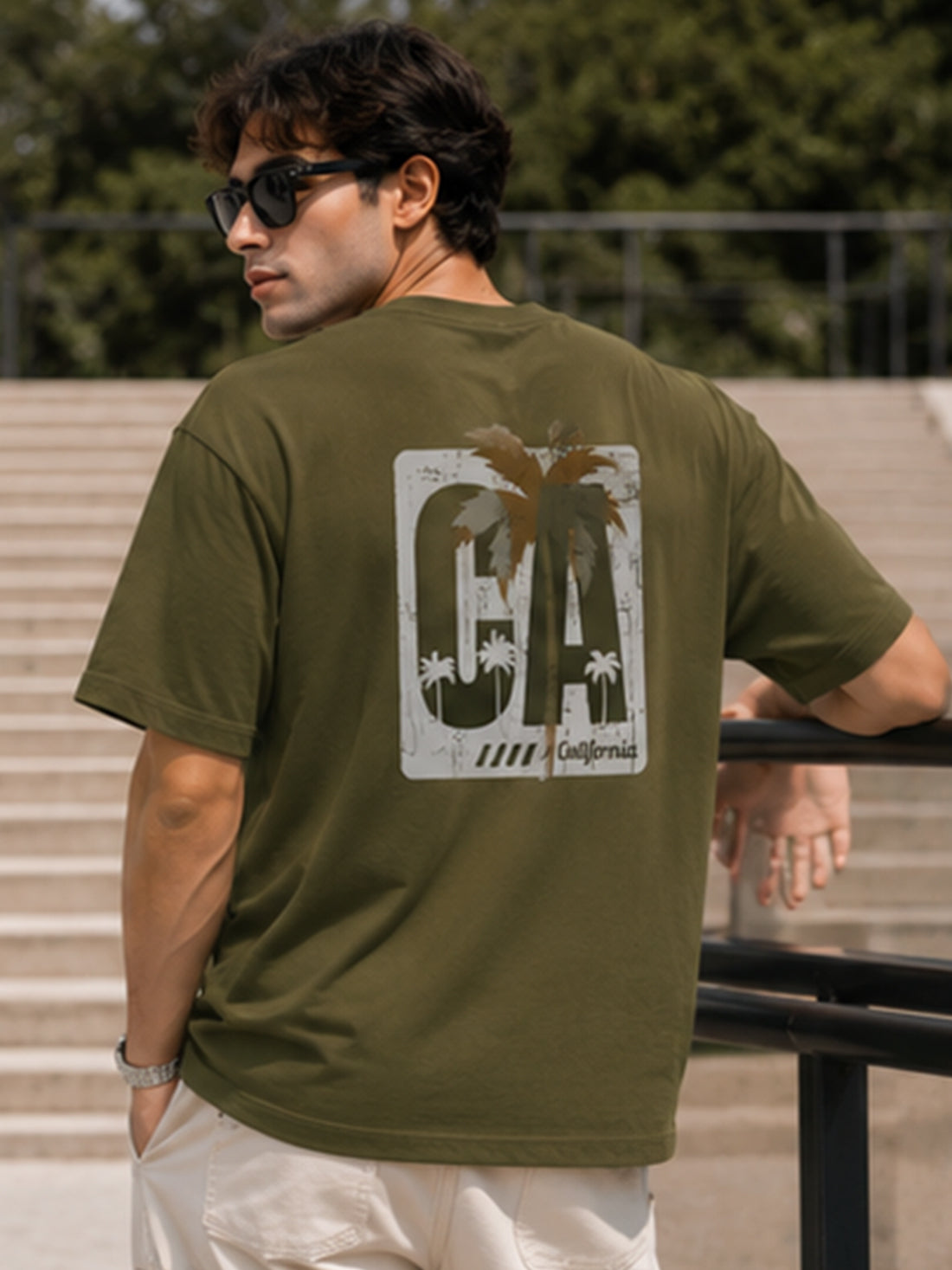 DPASSION California Palm Oversized Graphic T-Shirt for Men | 200 GSM Pure Cotton | Summer Streetwear Back Print Tee