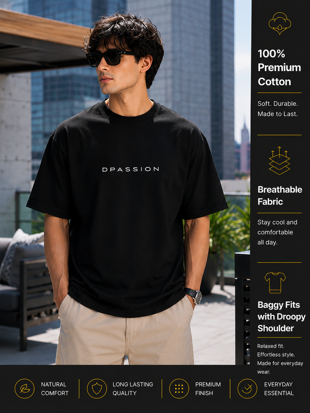 DPASSION California Palm Oversized Graphic T-Shirt for Men | 200 GSM Pure Cotton | Summer Streetwear Back Print Tee