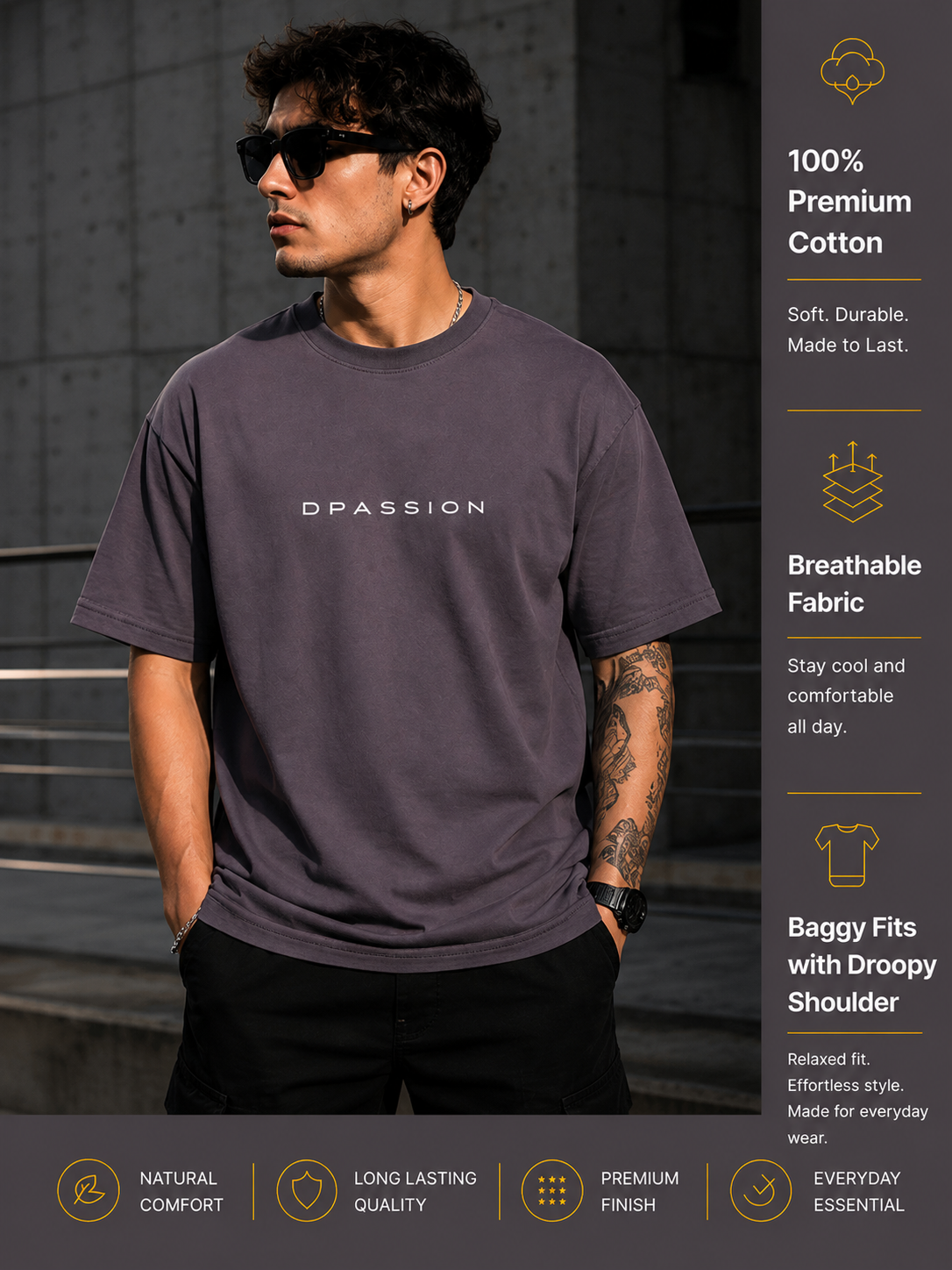 DPASSION California Palm Oversized Graphic T-Shirt for Men | 200 GSM Pure Cotton | Summer Streetwear Back Print Tee